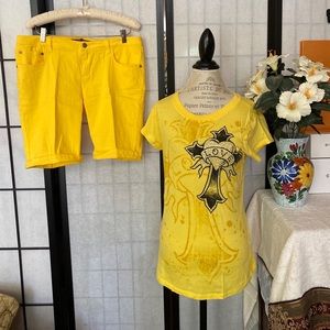 PINK Brand Jr Wom 11 Stretch Shorts/L Tee Shirt Outfit Bejeweled Celtic Cross